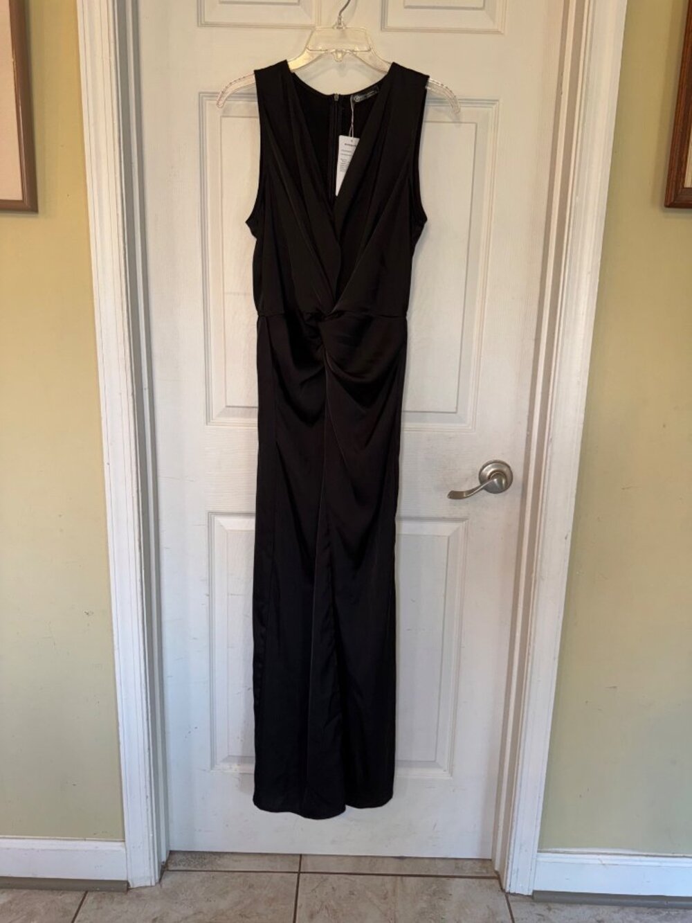 Prettygarden Sleeveless Black Draped Knot VNeck Maxi Dress Satin Large NWT - Picture 3 of 11